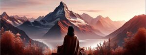 Woman meditating in mountains. A sacred practice and immersive experience of personal transformation and empowerment.