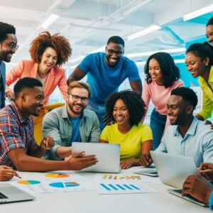 Diverse group of professionals collaborating in a vibrant office environment, working together and sharing ideas.